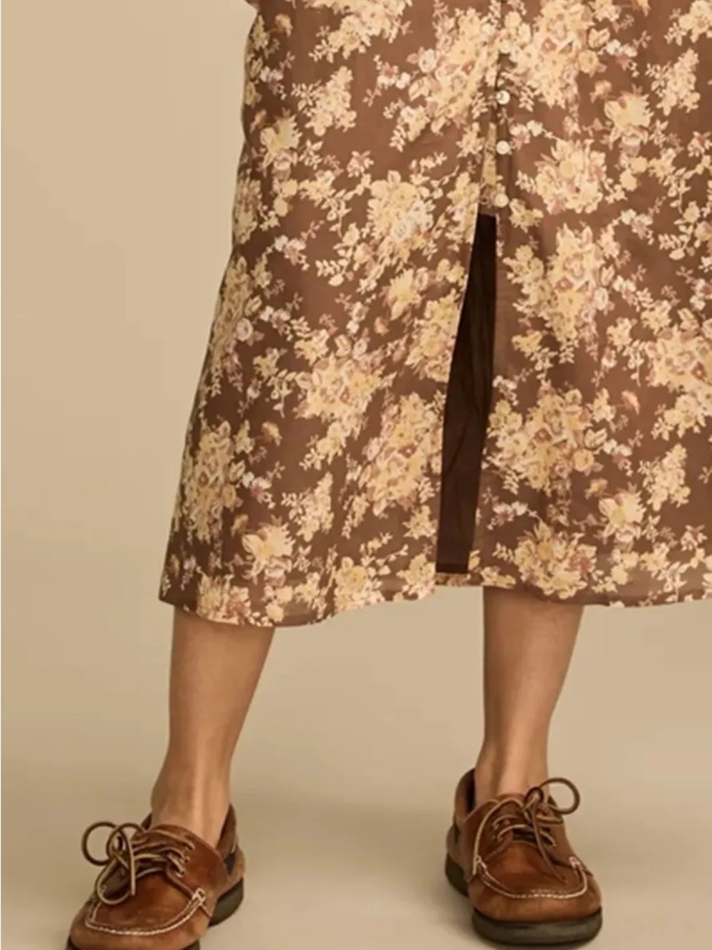 Lucky Brand Brown Floral Lace Trimmed Slip Midi Dress with Cream Print - Picture 13 of 16